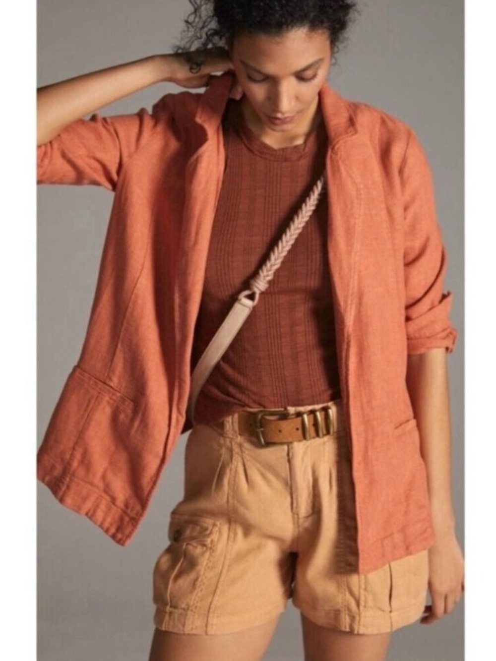 Anthropologie Oversized Linen Blazer Sz 2 Burnt Orange Open Front Lagenlook Boho